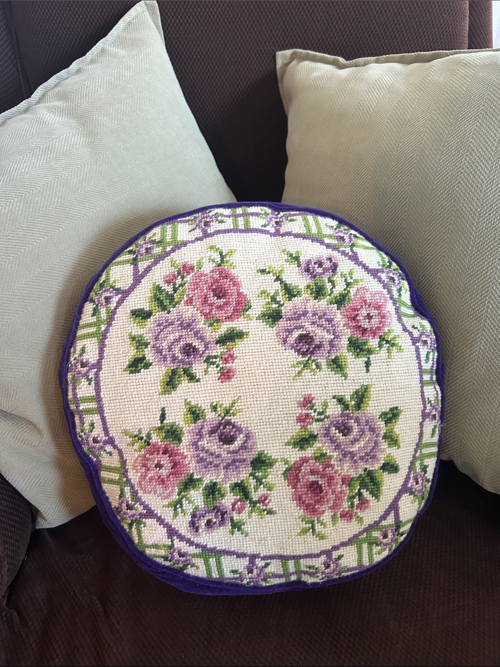 Round Floral Needlepoint Pillow - Purple and Pink Roses